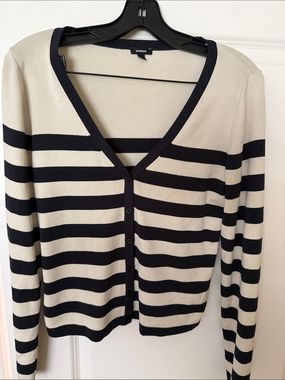 Express Striped Black and Cream V-Neck Cardigan